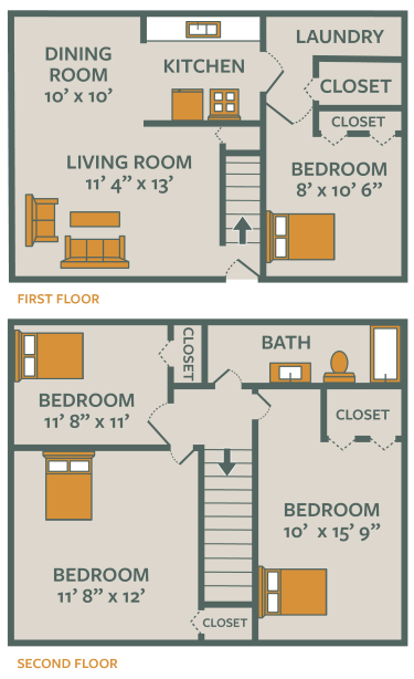 Floor plan for 4 beds, 1 bath, 1075 sqft